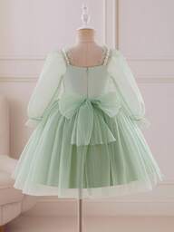 Glamorique Kids Girls' Autumn/Winter Green Satin & Tulle Patchwork Long Sleeve Elegant Party Flower Girl Dress Fall