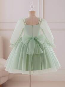 Glamorique Kids Girls' Autumn/Winter Green Satin & Tulle Patchwork Long Sleeve Elegant Party Flower Girl Dress Fall