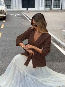 Siren Gaze Casual & Commute Solid Color Cotton Linen Blend Thin Blazer In Fall/Winter Brown - Coffee Brown - View 7