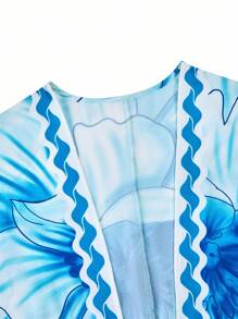 SOLERSUN 热带印花比基尼套装（含和服）夏季沙滩套装+随机印花图案比基尼两件套，女士两件套，适合海滩度假、约会、旅行大码女装 - 藏蓝色 - 查看 6