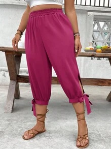 EMERY ROSE Plus Size High Waist Drawstring 3/4 Pants, Spring/Summer - Hot Pink - View 4