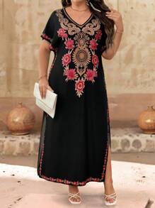 EMERY ROSE Plus Size Women Floral Print V-Neck Short Sleeve Loose Casual Dress