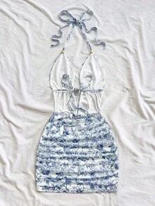 Soleia 女士度假蓝白花卉印花深 V 领系带露背褶饰紧身迷你连衣裙，适合派对、圣诞节、约会、夜总会、海滩、游轮、下午茶、波西米亚风、波西米亚风、度假、秋季 - 藍白色 - 查看 2
