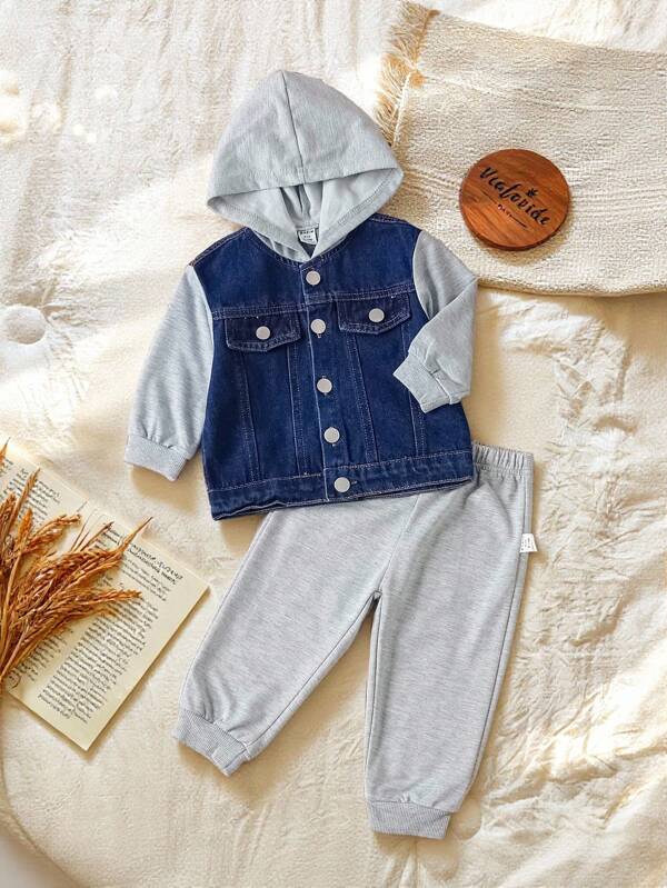 SHEIN Vintaside Kids Baby Boy Colorblock Flap Detail Hooded Jacket & Sweatpants Without Tee