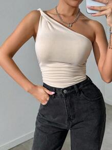 VaVaBold Solid Color Asymmetrical Neck Knotted Pleated Bodysuit, Casual And Perfect For Vacation Or Daily Wear - Apricot - View 5