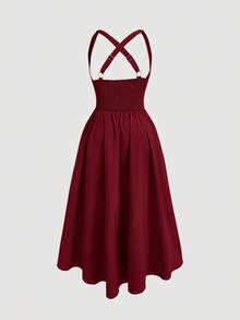 SHEIN MOD 加大码挤奶女工连衣裙，绿色可调节腰部系带前短后长连衣裙，适合女士 - 酒紅色 - 查看 2