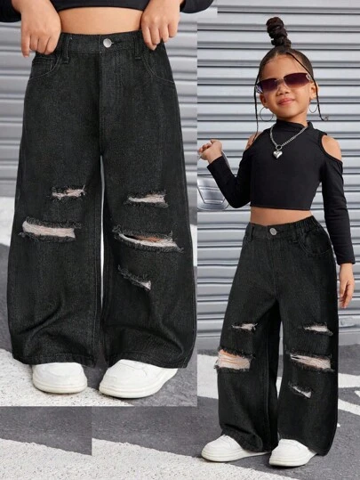 SHEIN 年轻女孩 Y2K 休闲蓝色破洞宽松牛仔裤，女童春夏休闲度假流浪汉牛仔裤