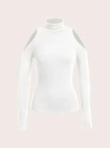 Siren Gaze 白色镂空长袖修身女式T恤，适合秋冬季节 - 白色 - 查看 4