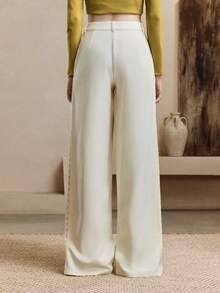 SHEIN LUNE Women's High-Waisted Wide-Leg Hollow-Out Lace Trims Pants, Casual And Versatile, Perfect For Everyday Commuting.Fall, White, And Baggy Pants. - White - View 7