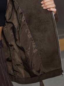 Chiquease 新款绒面革休闲夹克，时尚简约百搭拉链摩托车夹克，有领，高品质女士外套 - 棕色 - 查看 7