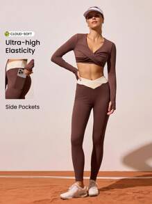 CourtClass Solid Color Cross-Wrap Long Sleeve Top And Contrast Color Waist Long Pants Casual Versatile Yoga Activewear Set