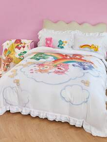 SHEIN X Care Bears 3pc Rainbow & Cartoon Bear Print Ruffle Trim Bedding Set,Gifts Suitable For Single Bed/Double Bed/Queen Bed/King Bed, Dormitory/Home - White - View 2