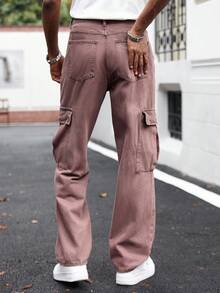 Manfinity Homme 男士休闲翻盖口袋侧边工装牛仔裤 - 棕色 - 查看 2