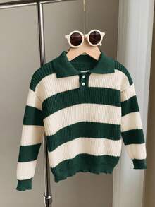 SHEIN 1 Piece Young Boys Casual College Comfortable Fashion Simple Practical All-Match Soft Comfortable Loose Striped Polo Sweater Suitable For Birthday Parties, Parties, Shows Suitable For Kids Outfits Young Boy Clothes School Back To School Boys Set Daily Suitable For School Suitable For Travel Suitable For Sports Suitable For Autumn And Winter Fall