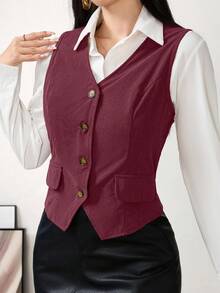 Modelyn Women's Solid Color Single-Breasted V-Neck Vest, Suitable For Commuting - Burgundy - View 4
