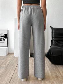 RueChic Women Mid Waist Wide Leg Sweatpant - Grey - View 2