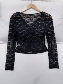 Women's Elegant Solid Color Lace Long Sleeve Blouse Fall Cloth For Women - Black - View 2