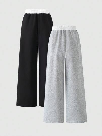 Sparklyn 2pcs Tween Girls Casual All-Match Versatile Street Pocket Loose Wide Leg Contrast Color Waistband Design Sweatpants, Autumn/Winter Fall