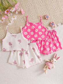 SHEIN 4pcs Young Girl Cute Rabbit Print Camisole And Shorts Knit Homewear Set, Summer - Baby Pink - View 2