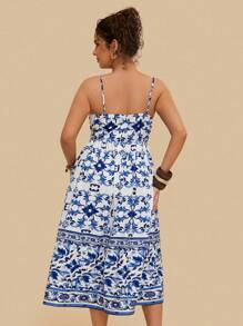 SHEIN VCAY Váy họa tiết hoa nhiệt đới xanh trắng cỡ lớn cho nữ, váy midi xoắn dây mảnh phía trước, váy xẻ tà phía trước, váy mùa thu cho nữ váy hoa xanh trắng, váy mùa hè cho nữ váy midi, váy xanh trắng cho nữ váy đi nghỉ cho nữ váy chống nắng xanh, trang phục biểu diễn cho nữ, quần áo phong cách boho cho nữ váy hoa rave cho nữ váy dự tiệc cưới cong - Xanh và trắng - Xem 2