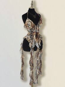 SHEIN ICON Fitted Tiger Stripe Mesh Sheer Long Tie Design Asymmetrical Hem Women Tank Top Ruffle Dress - Brown - View 4