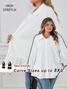 SHEIN CURVE+ 大码女式荷叶边下摆长袖纽扣衬衫，夏季宽松中长款衬衫上衣，秋季女式长袖紧身外套，冬季，CURVE PLUS/秋冬 - 白色 - 查看 6