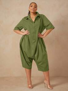 Vixey Bộ đồ liền thân cài nút tay lửng - Màu xanh Ô liu - Xem 4