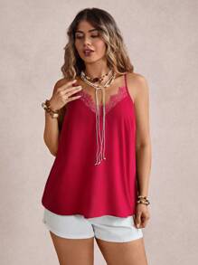 Freevana Plus Size Women Casual Lace Trim Solid Color Camisole