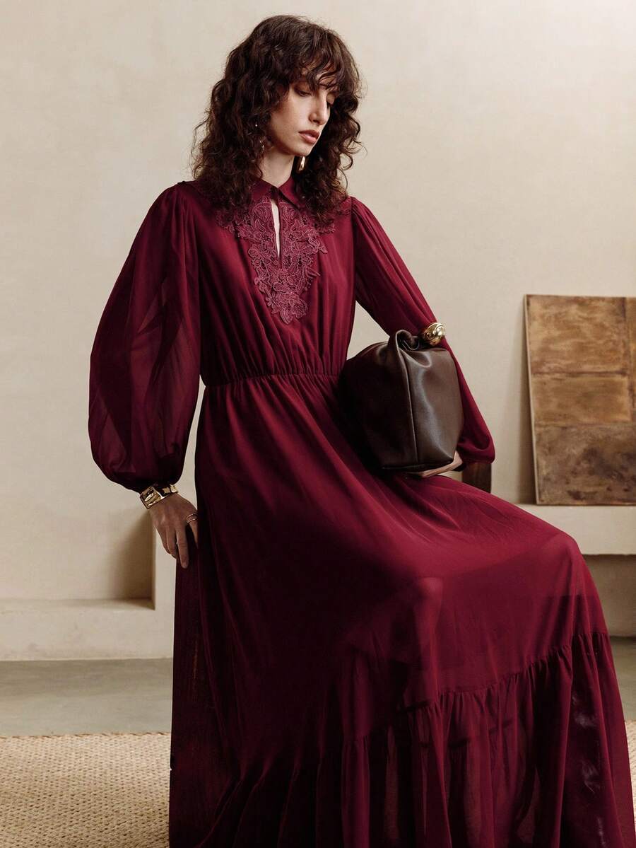 EMERY ROSE 女式纯色简约蕾丝领长袖连衣裙 - 酒紅色 - 查看 1