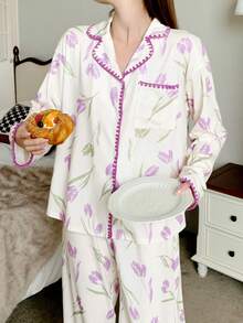 2 件套青少年女孩郁金香花卉图案翻领口袋前开长袖宽松休闲睡衣套装 - 紫色 - 查看 6