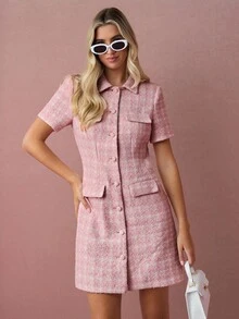 Enchnt Fall/Winter Romantic Women's Elegant Commuter Pink Tweed Button Front Short Sleeves Mini Dress ,Sweet&Elegant&Fashionable For Vacation&Date&Holiday&Birthday&Party&Graduation&Wedding Guest&Office&Going Out,Back To School,Fall Dress For Women,Autumn Clothes - Pink - View 4