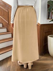 SHEIN LUNE Váy dài trơn màu giản dị cho nữ, mùa thu - Màu Khaki - Xem 2