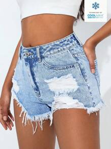 SHEIN PETITE Summer Casual Washed Distressed Denim Shorts - Light Wash - View 4