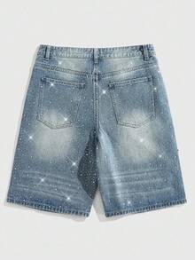 ROMWE MEN Street Life Spring/Summer Casual Men'S Pearl & Diamond Embellished Loose Denim Shorts - Baby Blue - View 3