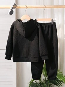 SHEIN 2 件套年轻男孩夹克和裤子套装，休闲学院风纹理面料夹克，适合返校、大学、秋冬季、假期、除夕、复古风格、圣诞节、新年 - 黑色 - 查看 2