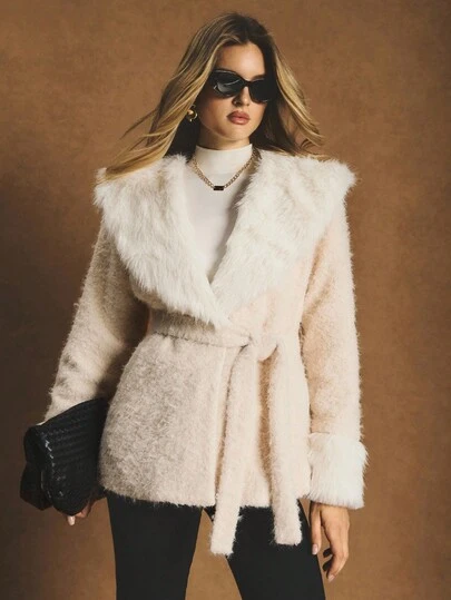 Poéselle Women's Faux Fur Shawl Collar Belted Teddy Coat | Cozy Plush Long-Sleeve Winter Coat – Quiet Luxury, Old Money Style, Teddy Coat, Winter White Coat, Capsule Wardrobe Essentials, Women's Autumn Winter Fashion Color Block Faux Fur Coat, Fall Winter