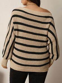 Zelara Striped Asymmetric Neck Loose Fit Plus Size Pullover Sweater Fall Clothes For Women Women's Winter Sweater Women's Winter Clothes Winter Clothes Going Out Tops Going Out Outfit Female Country Look Brown Sweater Brown Top Brown Brown Sweater Winter Clothes For Women Women's Winter Sweater Thanksgiving Outfit For Women Casual Blouses For Women