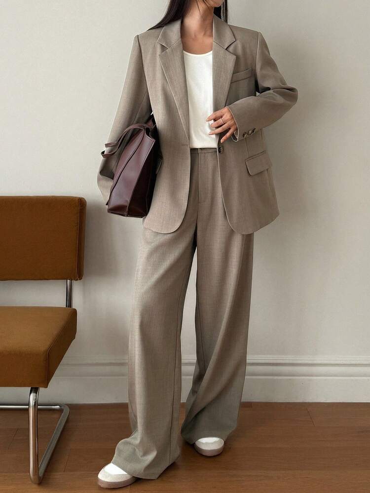 2pcs Women Casual Suit Set: Blazer Jacket And Straight Leg Pants Business Attire