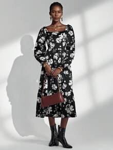 Chiquease Schwarzes romantisches Blumenkleid, Vintage französischer Quadratausschnitt, elegantes und modisches Langkleid für Frauen, Frühling/Sommer - Schwarz - Übersicht 5