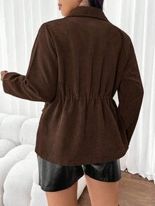 SHEIN Frenchy Plus Flap Pocket Drawstring Waist Jacket,Barnfit,Barn In Fall/Winter - Chocolate Brown - View 5