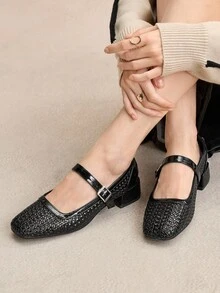 Rosivie 2026 Summer New Retro Square Toe Low Vamp Woven Mesh Low Heel Mary Jane Women Shoes, Fashionable Hollow Strap Breathable Closed Toe Chunky Heel Sandals - Black - View 9