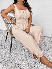 SHEIN Frenchy Plus Size Casual Vacation Sleeveless Jumpsuit With Cuffed Ankles - Apricot - View 5
