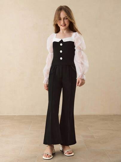 طقم بنطلون واسع مع أكمام منتفخة للفتيات، طقم أنيق للتنقل للفتيات المراهقات