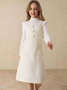 Tween Girl Elegant White Long Puff Sleeve Textured T-Shirt&Pearl Button Bodycon Dress Set,Back-To-School Autumn School Christmas Graduation Formal - Apricot - View 4