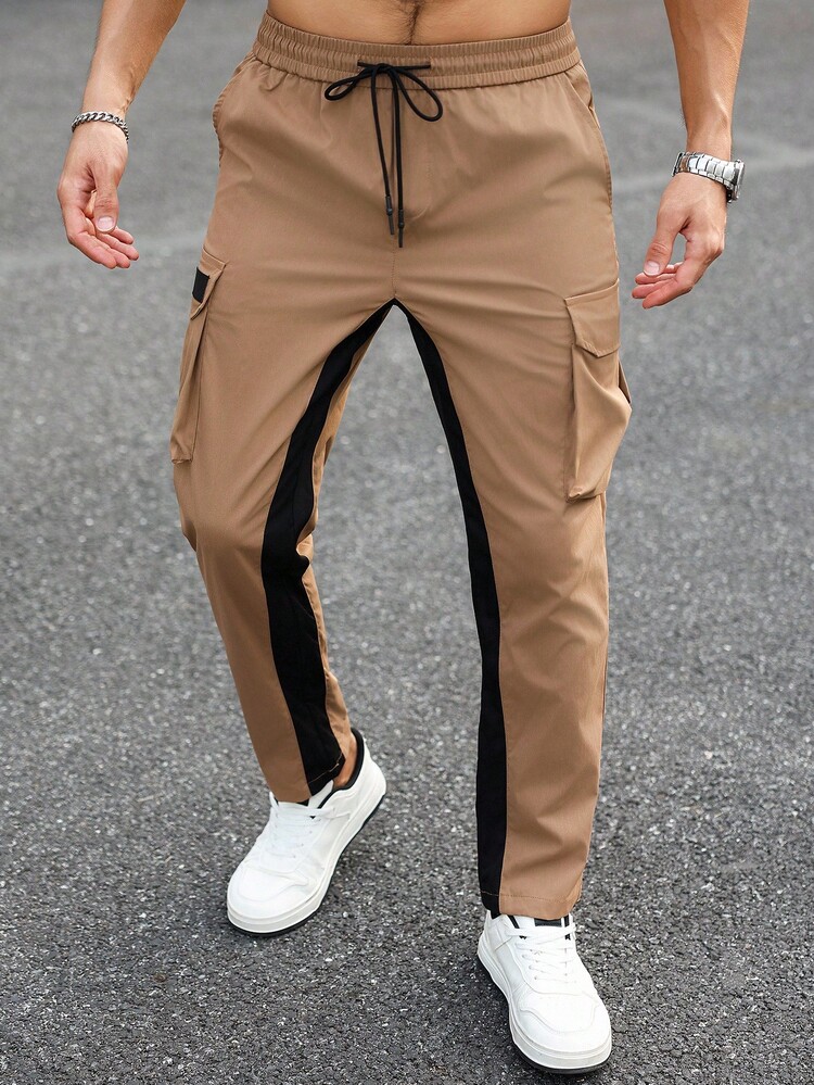 Manfinity LEGND 男士撞色抽绳腰部工装口袋休闲裤，秋季 - 卡其色 - 查看 3