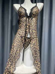 SHEIN 2 件套网格派对巴洛克豹纹印花前开襟荷叶边下摆长裙 + 丁字裤，外出 - 彩色 - 查看 6