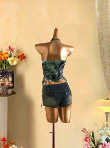 Attitoon Women's Vintage Print Ruched Tie Front Bandeau Top Goth Suitable For Going Out - Blue and White - View 2