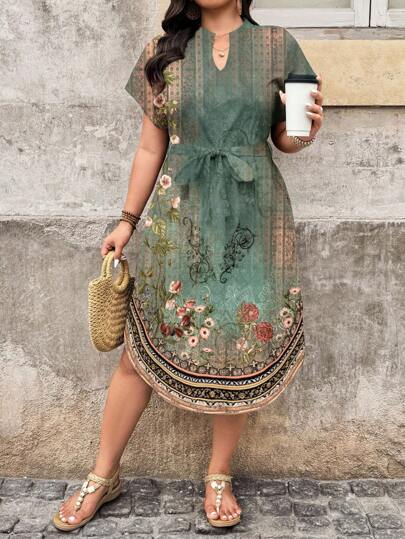 EMERY ROSE Vestido casual de talla grande para mujer con estampado floral vintage, adecuado para verano y vacaciones en la playa