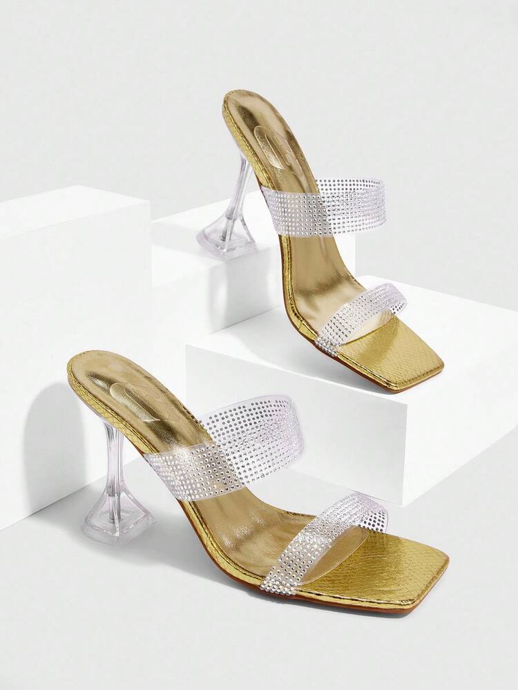 CUCCOO SZL 女性用ゴールドラインストーンストラップ セクシーファッション スクエアトゥ ガラスカップヒール ナイトクラブ エレガントなスティレットハイヒールサンダル