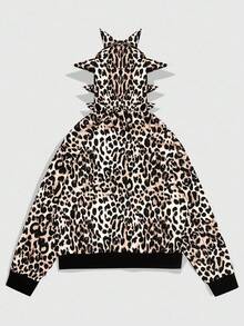 ROMWE MEN Anime Men's Asymmetrical Antennae Leopard Print Hooded Sweatshirt, Loose Short Style , Fall - Brown - View 3